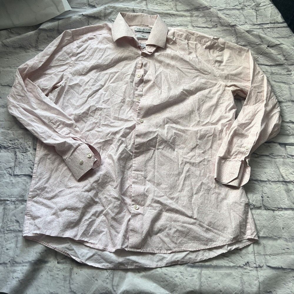 Michael Strahan Collection Men Pink Leaf Print Wrinkle Free Stretch Shirt L 16.5